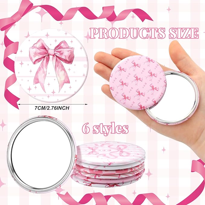 Geelin 12 Pcs Pink Compact Mirror Bulk Coquette Portable Aesthetic Mini Mirror Bulk Pink Bow Party Favors for Purse Pocket Travel Present Women Birthday Gift Wedding Bridal Shower Grad Mom