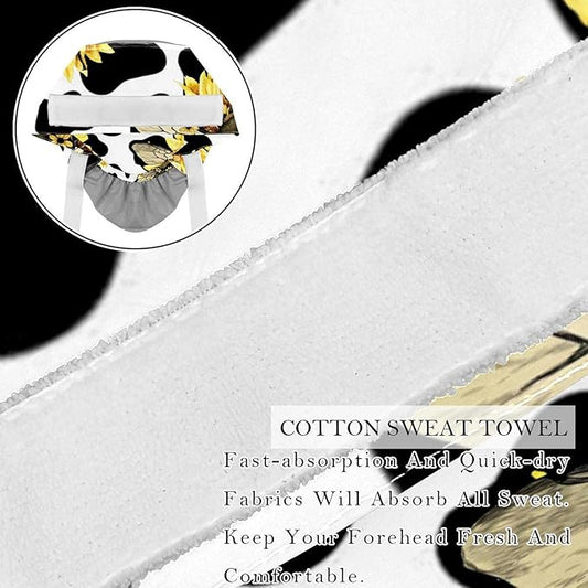 2 PCS Bouffant Cap with Button Ponytail Pouch Working Cap Sweatband Adjustable Surgical Cap Black and White Cow