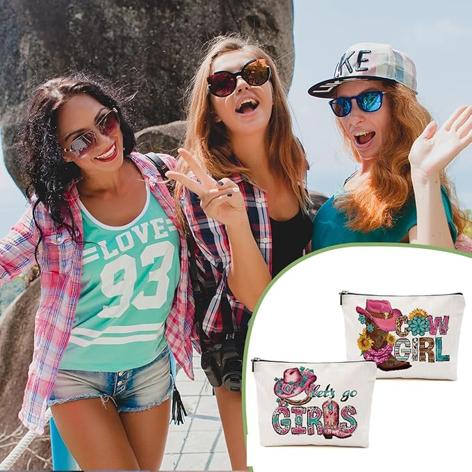 2pcs Western Makeup Bag, Let's Go Girls Cowgirl Hat Boots Cosmetic Bag Cowgirl Gifts for Women Female Girls Sister BFF, Cowboy Boots Gifts Christmas Birthday Gift, Western Stuff Travel Toiletry Bags