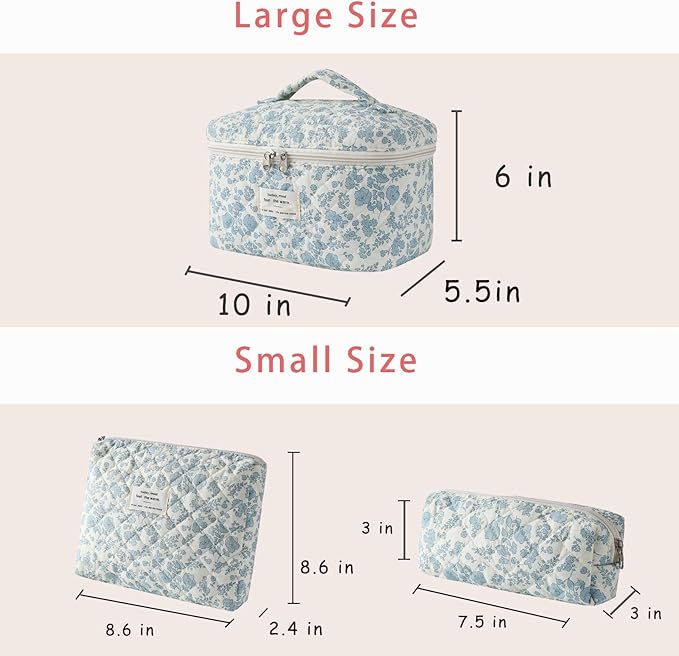 uekeboag Large Travel Quilted Makeup Bag for Women, Floral Cotton Cosmetic Bag, Coquette Aesthetic Floral Toiletry Organizer Bag