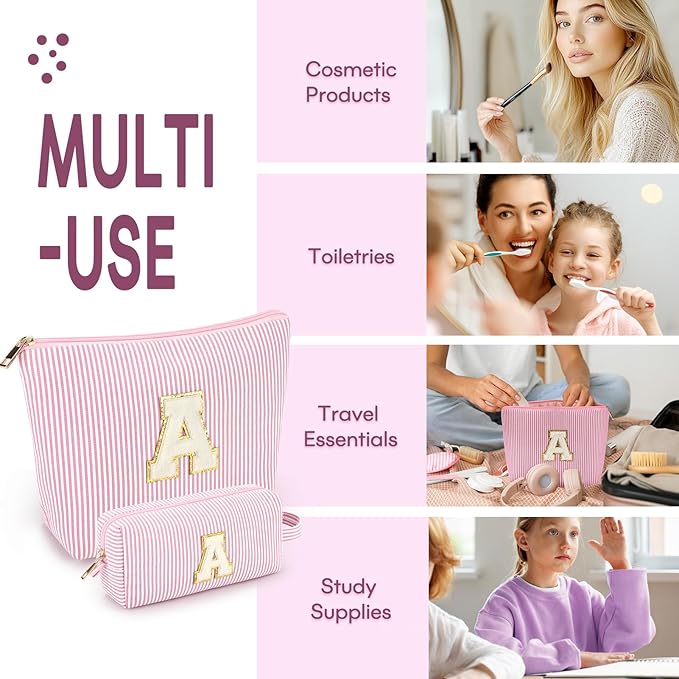 mibasies 2 PCS Initial Makeup Bags for Women: Cosmetic Bag for Travel Toiletry - Personalized Cute Makeup Pouch - Gifts for Grilfriend Wife Moms Bridesmaid - Retirement Travel Gifts - Light Pink E