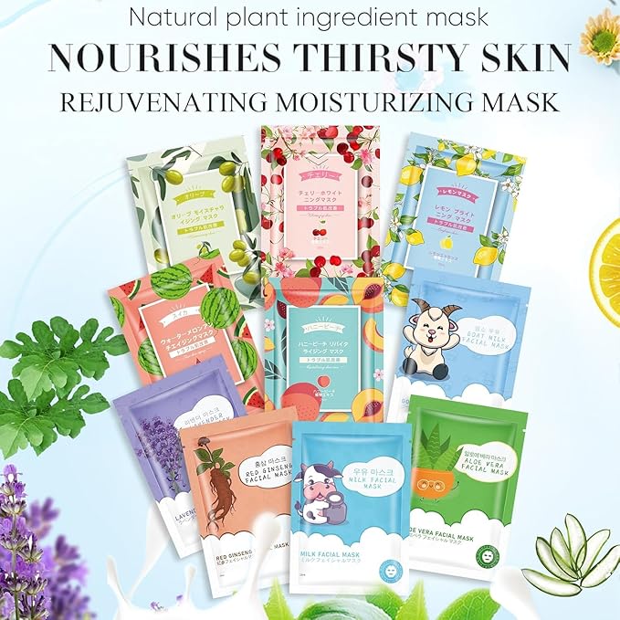 20 Sheets Face Masks Skincare for All Skin Types, Hydrating Facial Masks, Watermelon, Aloe Vera, Peach, Oil Contral Moisture Face sheet Masks for Sensitive Skin, Facial Mask for Women