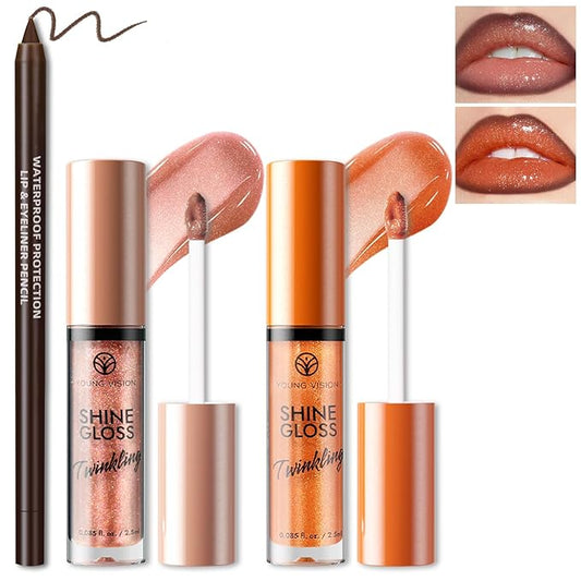 2 Colors Glitter Lip Gloss with Brown Lip Liner Combo for Women, Hydration Plumping Shimmer Natural Nude Tinted Lip Glow Oil Moisturizing Long Lasting High Shine Mini Liquid Lipstick