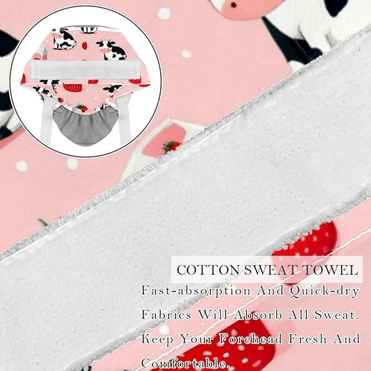 2 PCS Bouffant Cap with Button Ponytail Pouch Working Cap Sweatband Adjustable Surgical Cap Black and White Cow