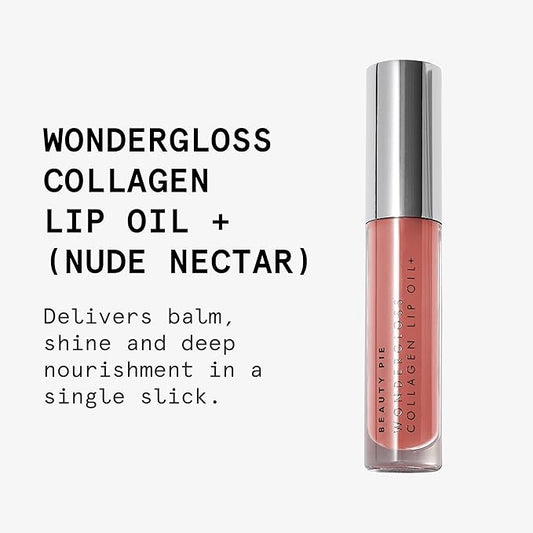 Beauty Pie Wondergloss Collagen Lip Oil + (Nude Nectar) β Hydrating, Plumping, Non-Sticky Gloss with Collagen AC Micro-Vectors & Cherry Oils