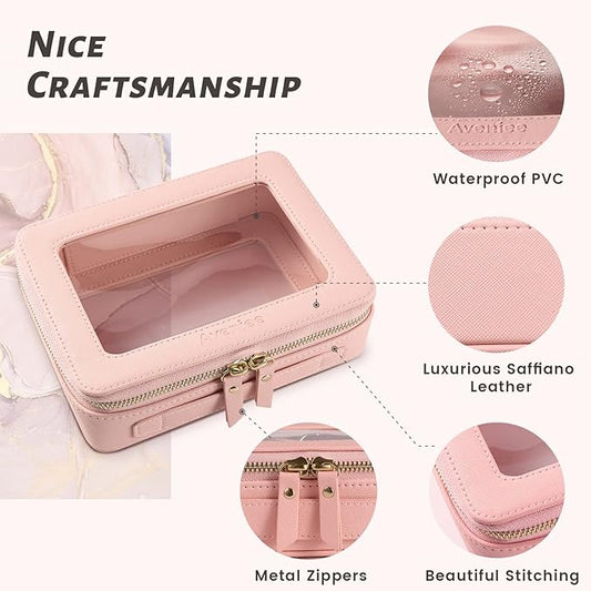 Aveniee Clear Makeup Bag Organizer, Portable Travel Toiletry Cosmetic Bag Case for Women, Heavy Duty Vegan Leather Make Up Pouch with Transparent Vinyl Windows & Gold Zippers(Pink)