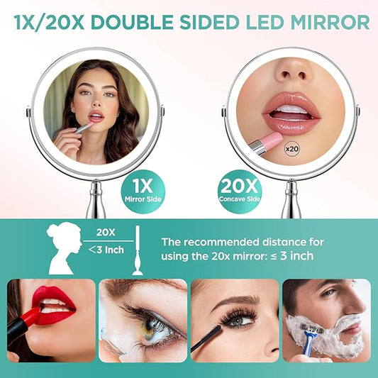 Makeup Mirror with Lights, 20X Magnifying Mirror with Light and STC- Side Charging & Side Touch Switch, Vanity Mirror with 3 Color Light and 2-Side 360Β° Rotation Double Sided Standing Desk Mirror