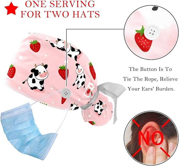 2 PCS Bouffant Cap with Button Ponytail Pouch Working Cap Sweatband Adjustable Surgical Cap Black and White Cow
