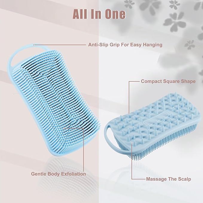 VOCOSTE Silicone Body Scrubber, 2 in 1 Body Brush Hair Scalp Massager, Soft Body Scrubbers for Use in Shower, Lathers Well Exfoliating Body Scrubber for All Skin Types, Blue