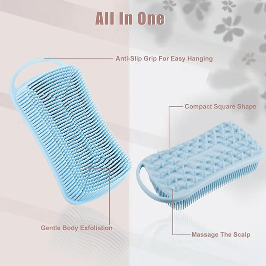 VOCOSTE Silicone Body Scrubber, 2 in 1 Body Brush Hair Scalp Massager, Soft Body Scrubbers for Use in Shower, Lathers Well Exfoliating Body Scrubber for All Skin Types, Blue