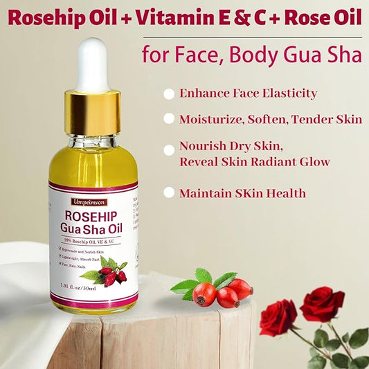 3 Pack Gua Sha Face Oil for Women, Rosehip Oil Organic Facial Oil Moisturizer Infused Rose, Vitamin E & C, Restore and Rejuvenate, Hydrating Facial Oil for Dermaplaning, 1.01fl.oz/30ml
