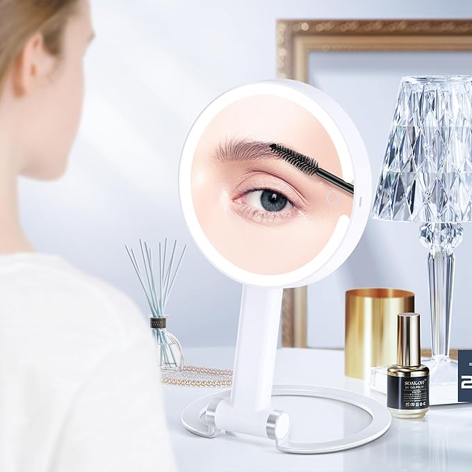 Makeup mirror with lights, 20X magnifying mirror with light and Adjustable Brightness,vanity mirror with lights and 3 Colors, 2-Sided travel mirror with light, Tabletop Mirror for Home and Outside