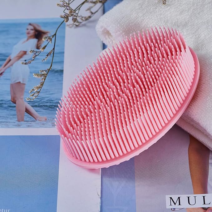 Exfoliating Silicone Body Scrubber 2 in 1 Silicone Shower Brush Natural Bristle Massager Bath Sponge Gentle Scrub Skin Exfoliation For Face and Body Massage Nubs Improve Blood Circulation Set of 2
