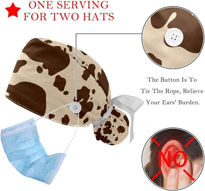 2 PCS Bouffant Cap with Button Ponytail Pouch Working Cap Sweatband Adjustable Surgical Cap Black and White Cow
