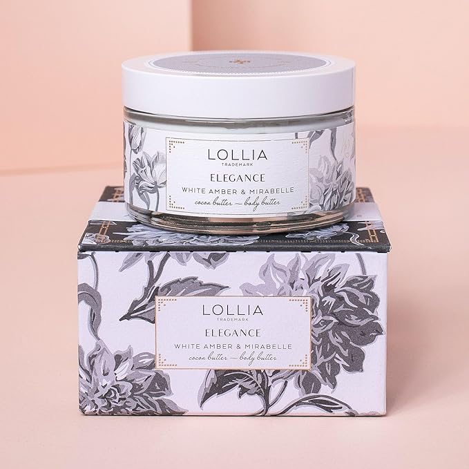 Lollia Elegance Body Butter, 5.5 oz. β White Amber & Mirabelle - Shea Butter & Cocoa Butter, Body Lotion for Women, Hydrating & Smooth Body Moisturizer