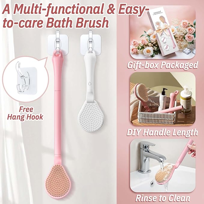 Back Scrubber for Shower, 19’’ Detachable Long Handle Shower Body Scrubber for Wet or Dry Brush, Adjustable 2-in-1 Back & Body Brush with Soft and Dense Bristles for Deep Cleaning(Pink)