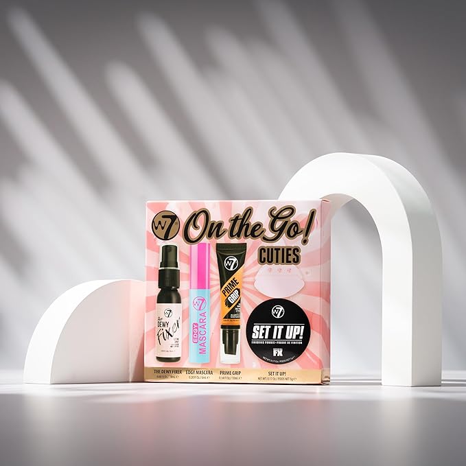 W7 On the Go Cuties Gift Set - Mini Makeup Essentials with Primer, Mascara, Setting Spray, Loose Powder & Powder Puff - Travel Size Beauty Favourites - Stocking Stuffer