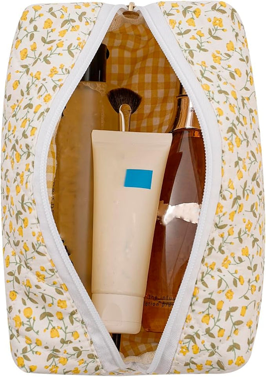 Makeup Bag Travel Cosmetic Bag for Women Girls, Zipper Make Up Pouch, Floral Flowers Toiletry Organizer Makeup, Portable Storage Cosmetic Travel Cloth Bag (Yellow Floral)