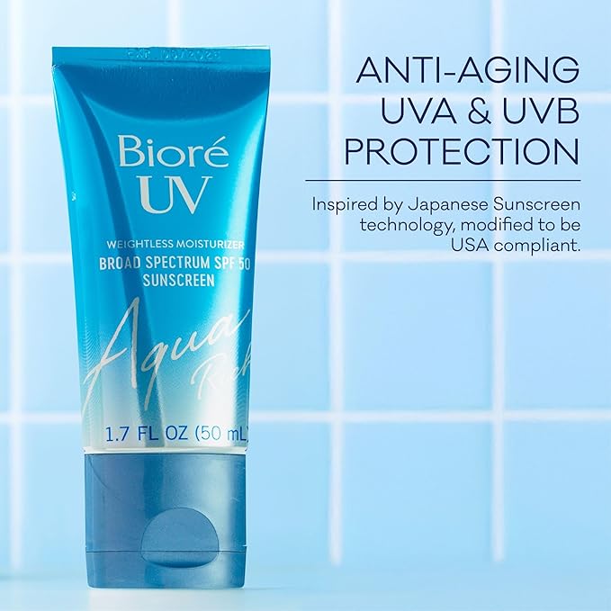 BiorΓ© UV Aqua Rich Daily Hydrating Facial Moisturizer SPF 50 | Oil-Free Sunscreen & Primer for Makeup with Hyaluronic Acid, No White Cast, Non-Comedogenic, For Sensitive Skin, PA++++, 1.7 Oz, 3pck