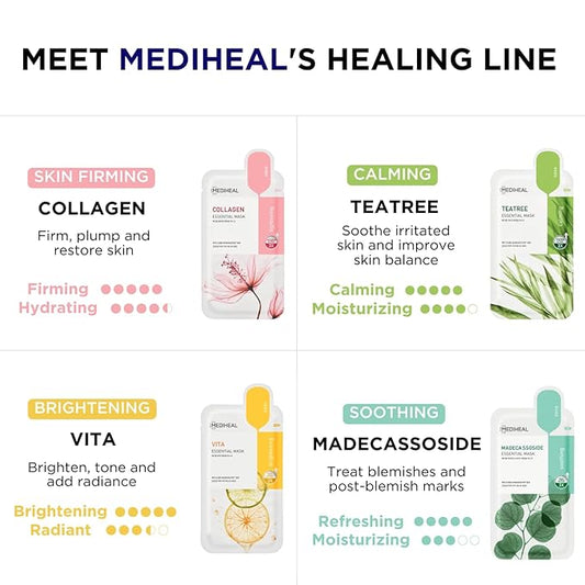 Mediheal Sheet Mask New Essential HERO 16 pack (Collagen, Tea Tree, Madecassoside, Vita) | Korean Skincare Facial Sheet Mask Combo Kbeauty Korean Glass Skin