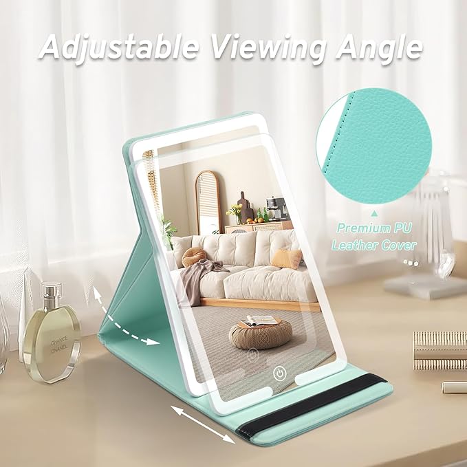 Travel Mirror with LED Lights - 8x5.5inch Lighted Makeup Mirror 3 Color Modes, Portable Vanity Mirror with Light of PU Leather, Desktop Cosmetic Light Up Mirror, Travel Accessories for Women