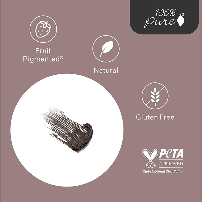 100% PURE Ultra Lengthening Mascara Dramatic Intense Volume & Length Natural Fruit Pigmented Voluminous Eyelash Makeup No Clumping, Smudging or Flaking - Vegan, Dark Chocolate Color - 0.35 oz
