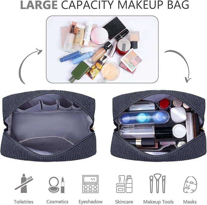 MAGEFY Small Makeup Bag for Purse Portable Makeup Pouch with Compartments Corduroy Make up Bag for Women Travel Cosmetic Essential (Dark Gray, HAIR)