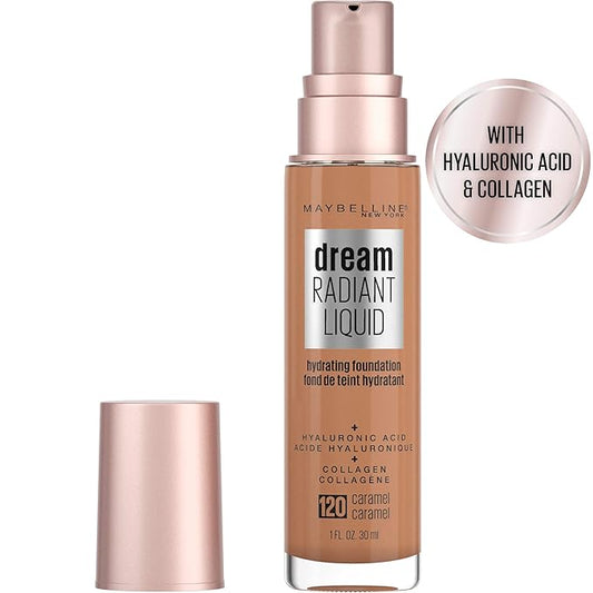 Maybelline Dream Radiant Liquid Medium Coverage Hydrating Makeup, Lightweight Liquid Foundation, Caramel, 1 Fl; Oz