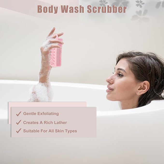 VOCOSTE Silicone Body Scrubber, 2 in 1 Body Brush Hair Scalp Massager, Soft Body Scrubbers for Use in Shower, Lathers Well Exfoliating Body Scrubber for All Skin Types, Pink