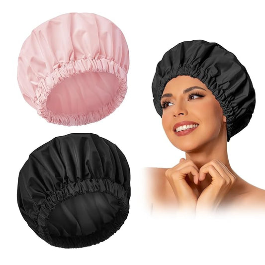 Reusable Shower Cap for Women, Large Waterproof Shower Essentials Bonnet Washable Elastic Band Bath Hair Wrap Hat for Long Hair, Braids(Pink&Black)