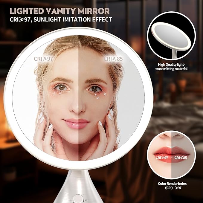 10'Large Lighted Makeup Mirror with 7X Magnification Mirror,3 Colors & 10 Brightness,Magnifying Mirror with Light for Makeup Vanity,5000mAh,Pearl Nickel,Gifts Box (Nickel)