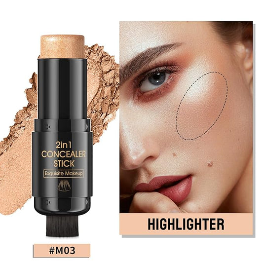 2 In 1 Highlighter Makeup Stick with Built-In Brush, Glow Highlighter Stick Makeup for Face and Body, Long Lasting, Waterproof, Matte (#03)