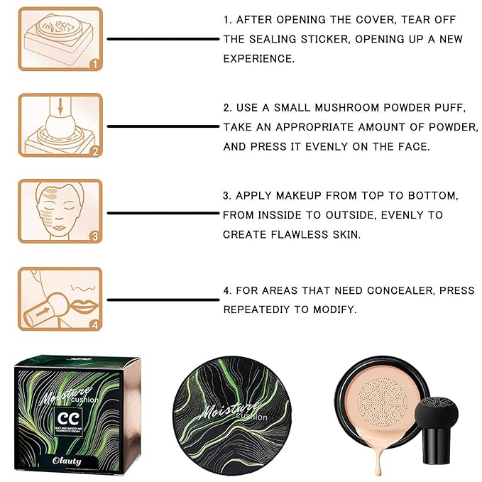 Mushroom Head Air Cushion CC Cream Foundation, BB Cream Concealer Lasting Makeup Foundation, Waterproof Oil Control Long-Lasting Nude Makeup, Even Skin Tone Primer
