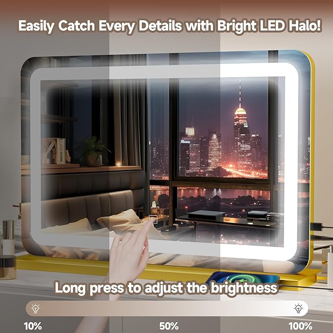 Large Vanity Mirror with Lights 32"x22", Lighted Makeup Mirror, Wall-mounted Hollywood Vanity Mirrors, Touch Sensor, 3-Color Lighting, 5X Magnification, USB Port for Vanity Desk Tabletop, Salon, Gold