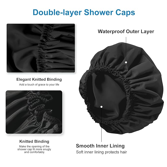 Shower Cap for Women Set of 4, 1 Double-Layer Waterproof Bath Cap + 3 Single-Layer Waterproof Shower Caps β Reusable Hair Protector, TPU Coated Elastic Bathing Cap for Women & Men - Black