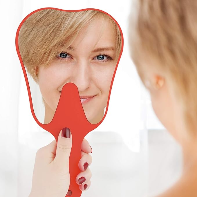 Annhua Dental Hand Mirror Small Handheld Mirrors with Handle Red, Tooth Shaped Mirror Hand Held Makeup Face Mirror for Salon|Dentist Clinic|Barber|Hairdressing