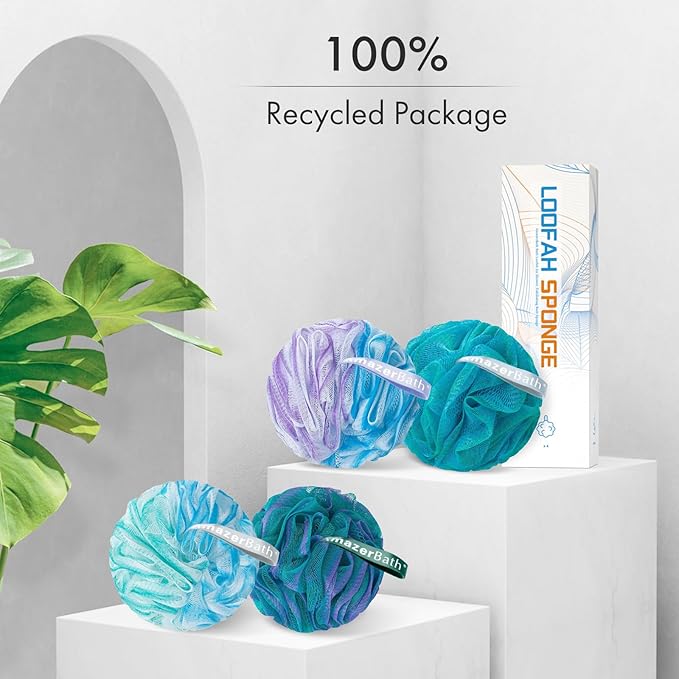 AmazerBath Loofah Sponge, Shower Loofah 75g/PCS - Body Scrubber Loofa Set of 4 - Green, Purple & Blue, Bath Sponge for Men and Women