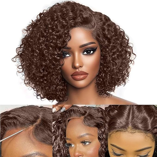 FABA Chocolate Brown Curly Wig Human Hair 7x5 Glueless Wigs Human Hair Pre Plucked Pre Cut 200% Density Brown Deep Wave Wig For Women #4 Short Curly Bob Wigs 12 Inch