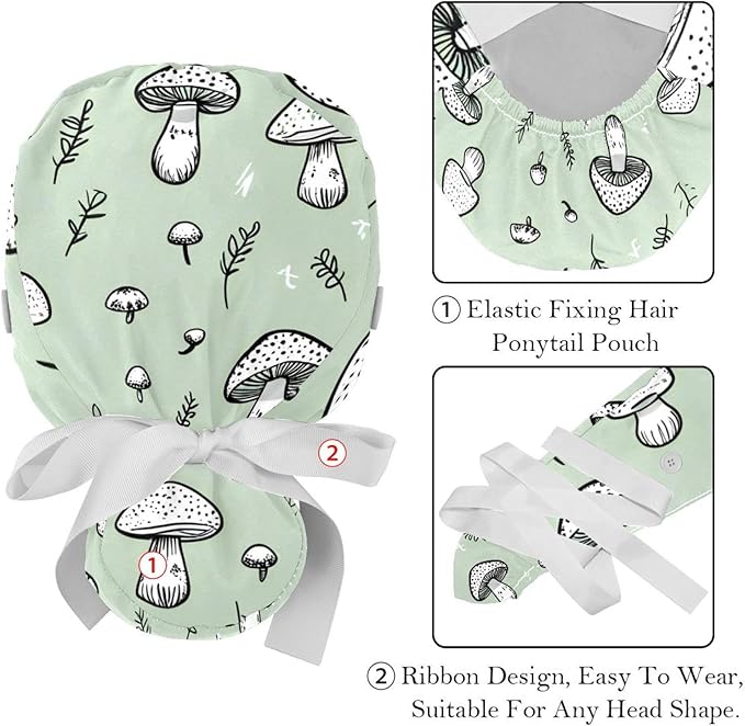 2 PCS Bouffant Cap with Button Ponytail Pouch Working Cap Sweatband Adjustable Surgical Cap Black and White Cow