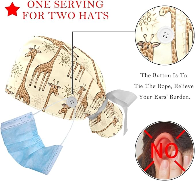 2 PCS Bouffant Cap with Button Ponytail Pouch Working Cap Sweatband Adjustable Surgical Cap Black and White Cow