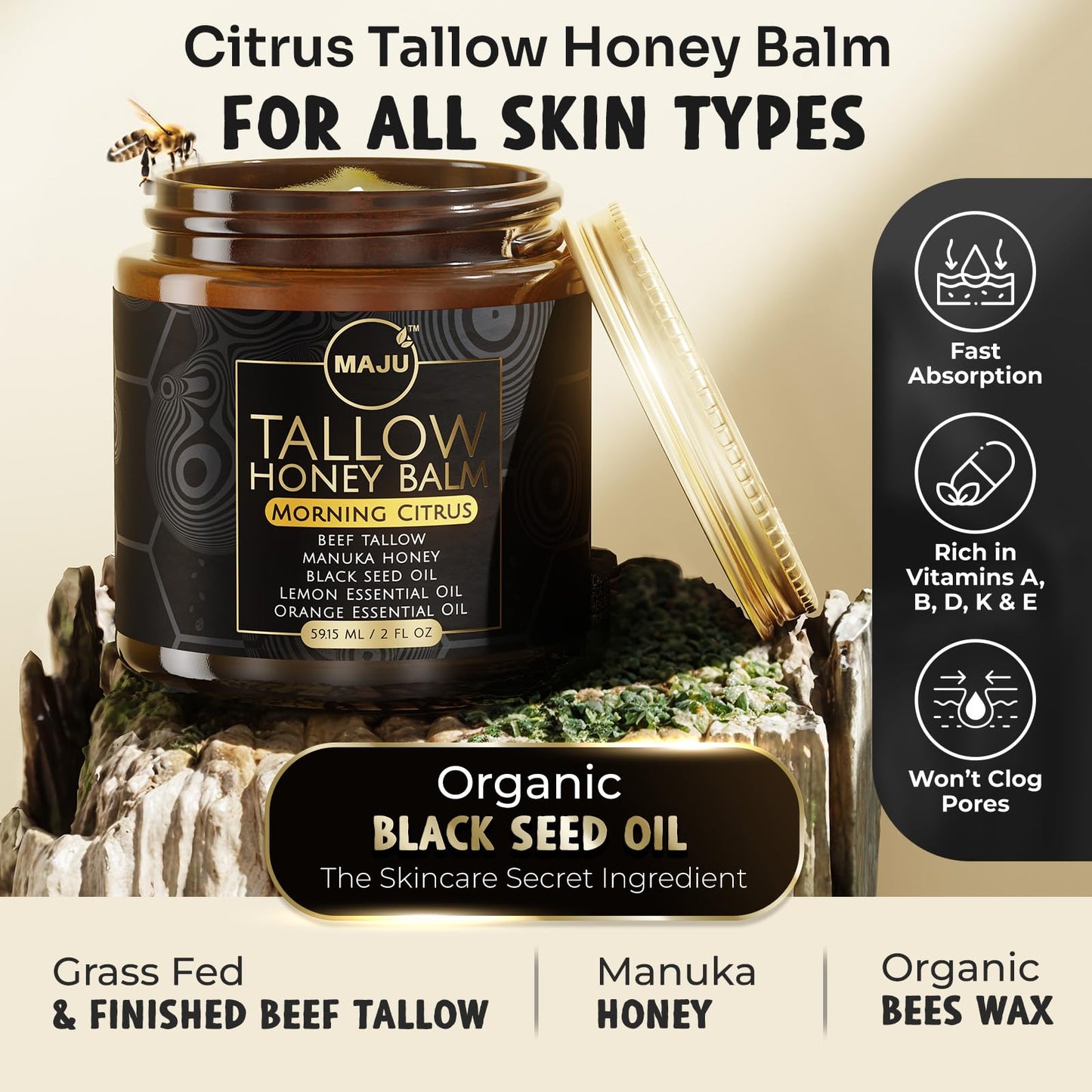 MAJU Tallow Honey Balm, Morning Citrus (2 oz), Grass Fed Beef Tallow for Skin with Organic Black Seed Oil, Manuka Honey and Organic Beeswax, Skin and Face Moisturizer for Deep Hydration