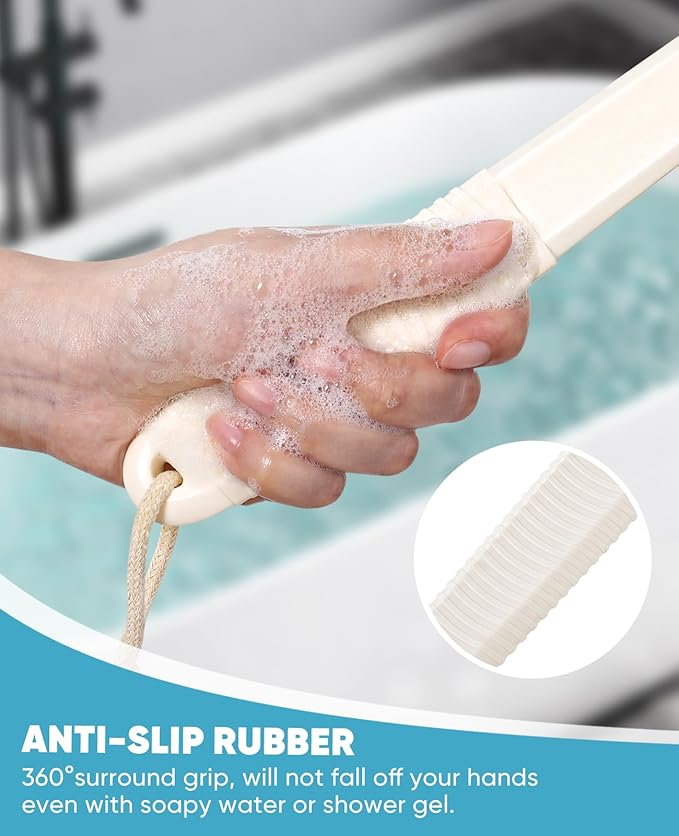 Back Scrubber for Shower with 17" Long Handle, Non-Slip Grip Shower Brush, Moderate Bristles Body Brush for Gentle Exfoliation, Back Brush for Shower Men & Women β Cream White