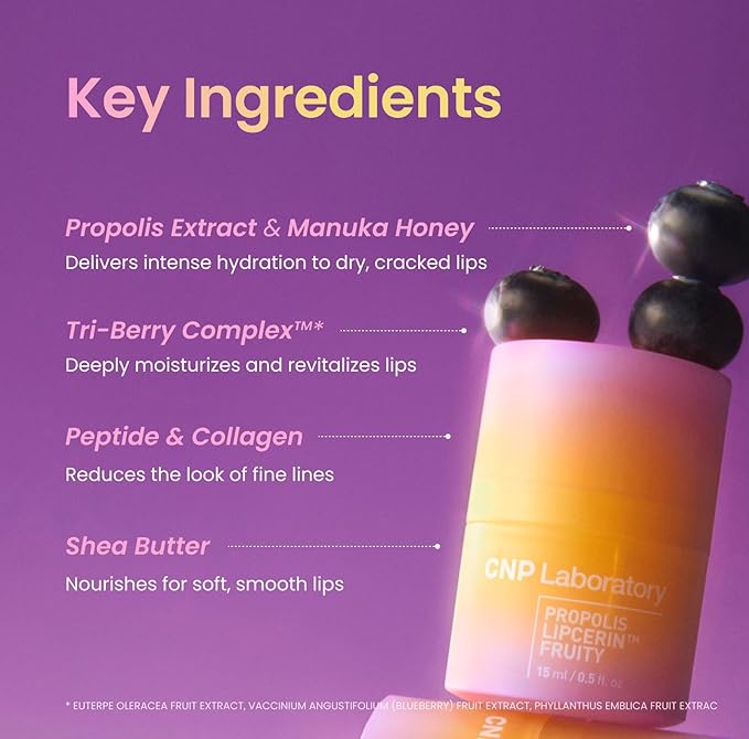CNP Honey Lip Butter - Propolis Lipcerinβ’ 02 Berry, Hydrating Overnight Manuka Lip Balm & Mask, 12hrs Long-lasting Moisture, Gifts for Women, Korean Skin Care, 0.5 fl.oz.