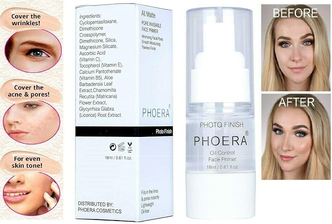 Phoera Face Primer Invisible Pores Base Oil Control Added vitamins Makeup Base Pore Filler Moisturiser Matte Finish Long Lasting Makeup Skin Pore Minimizer UK Cosmetics AquaPurity (18ml Primer)
