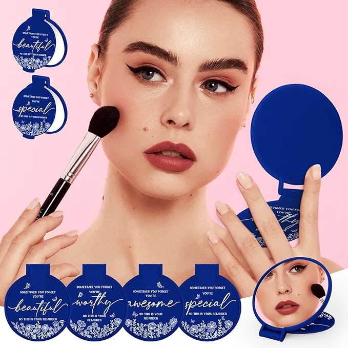 100 Pcs Inspirational Compact Mirror Bulk Small Pocket Mirror Purse Round Portable Folding Makeup Mirror Mini Compact Mirror Gifts for Women Coworker Employee Teacher(Blue)
