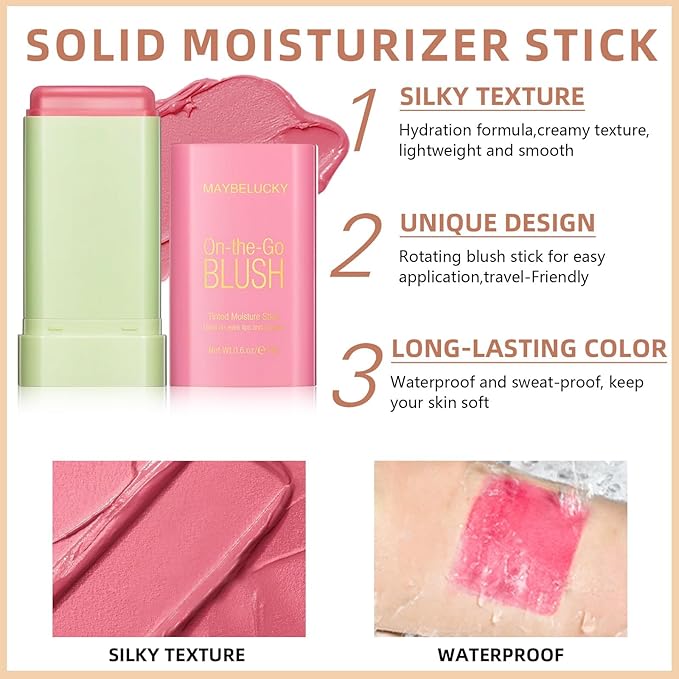 Cream Blush Stick for Cheeks, Eyes & Lips, Multi-Use Makeup Stick, Travel-Friendly Tinted Moisturizer, Natural Glow Blendable Blusher with Brush - Shy Pink