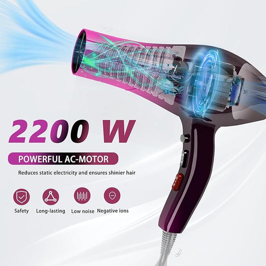 Ionic Hair Dryer,2400W Negative Ion Low Noise Hair Dryer Professional Fast Drying Hair Dryer with 2 Speeds, 3 Heat Settings, Cooling Button,with Diffuser for Curly and Straight Hair(Crimson Fade)