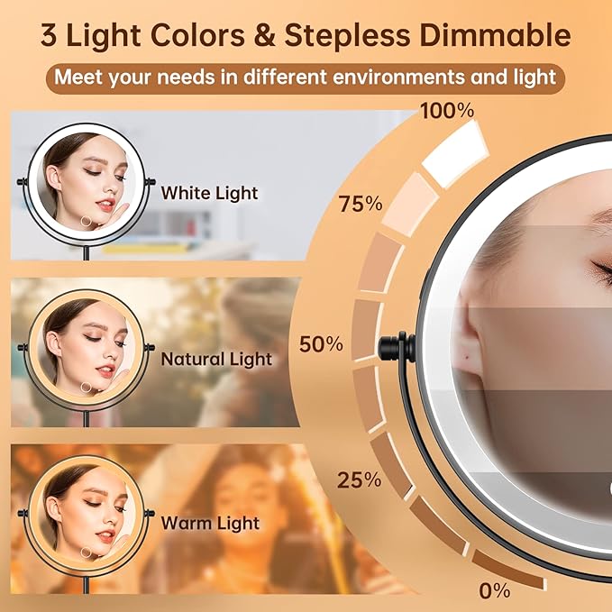 Gospire 7" Lighted Makeup Mirror with Magnification 10X/1X, Height Adjustable & 3 Color Dimmable Lights, 360Β° Swivel Double Sided Light up Rechargeable LED Cosmetic Vanity Cordless Standing
