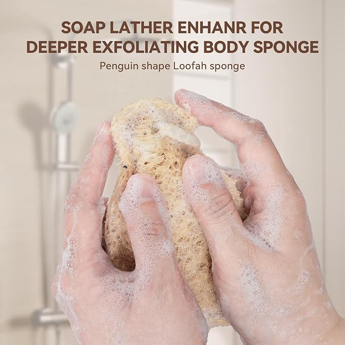 Natural Loofah Sponge Penguin Shaped, Loofah Exfoliating Body Scrubber, Exfoliator for Women and Men Refreshing Shower Experience, Pack for Holiday(Pack of 2)