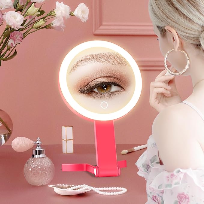 MIYADIVA Lighted Makeup Mirror, 30X Magnifying Mirror with Light, Hanging and Handheld Mirror with Handle, Red